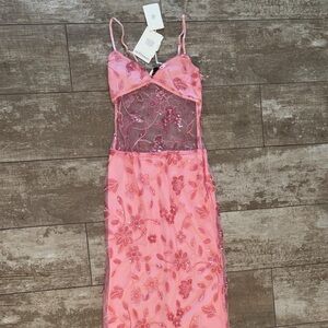 Brand New Peppermayo Coral Pink Floral Embroidered Maxi Slip Dress